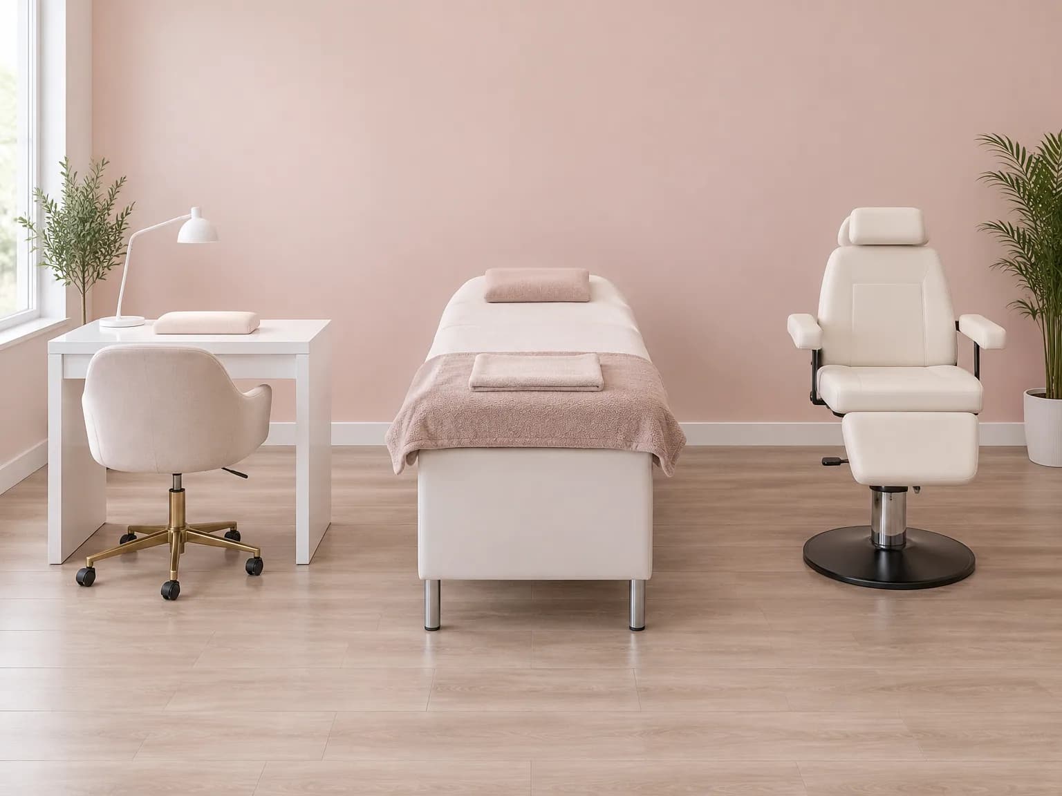 Un coin de salon de beauté lumineux : une table de manucure, un lit de cils et un fauteuil pour les sourcils, côte à côte.